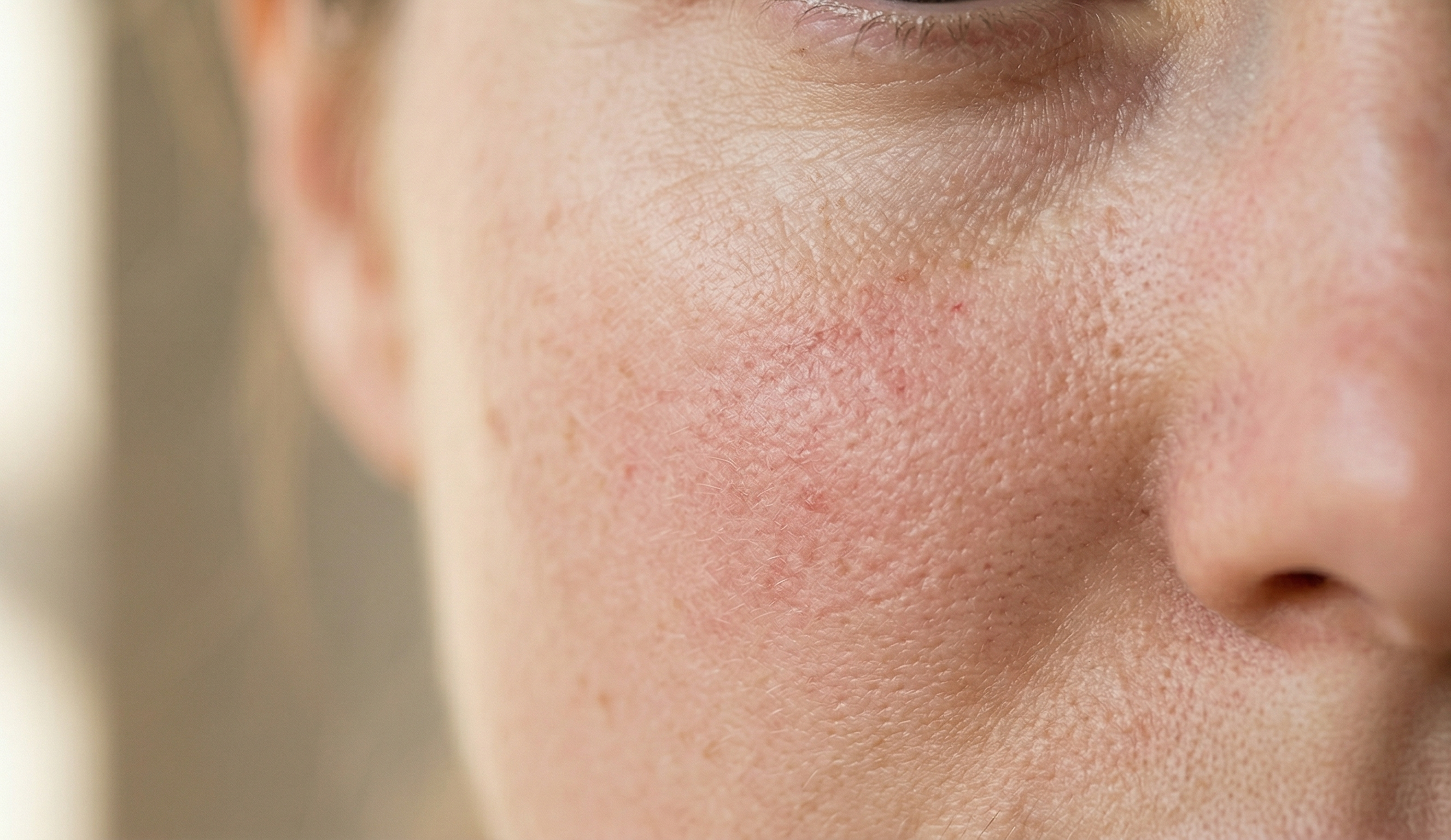 Close-up of a person's face with visible skin texture and pores.